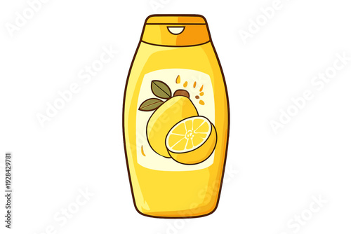 A yellow plastic bottle of shampoo or body wash featuring a label with a whole lemon and a sliced lemon. The illustration is done in a clean, cartoon style on a black background.