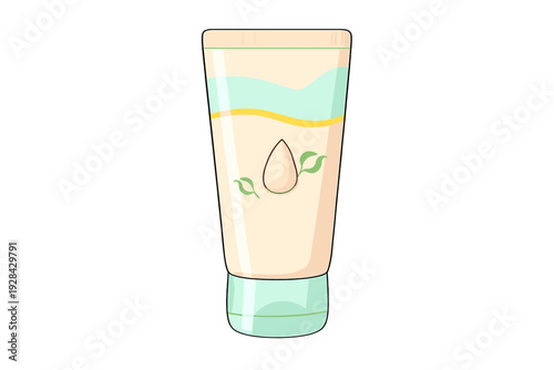 A stylized illustration of a beige cosmetic squeeze tube with a light green cap. The packaging features a drop icon, green leaves, and wavy decorative lines on a black background.