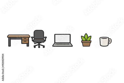 A set of five minimalist office icons including a wooden desk, a black swivel chair, an open laptop, a green potted plant, and a white coffee mug isolated on a black background.