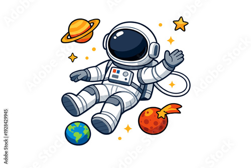 A cartoon astronaut in a white space suit floats in outer space surrounded by planets and stars. The character waves while drifting near Earth and a ringed planet on a black background.