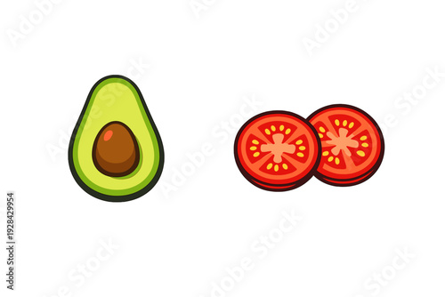 A flat vector illustration featuring a halved green avocado with a brown pit and two round red tomato slices, isolated against a solid black background for a clean look.