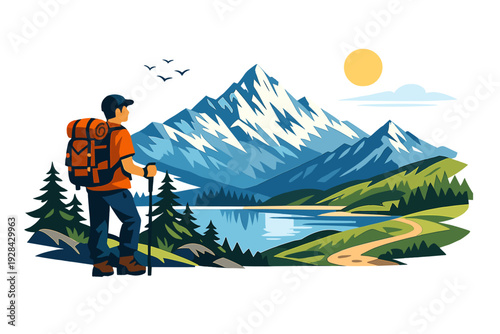 A stylized vector illustration of a hiker with a backpack and trekking pole looking at a scenic mountain landscape with a blue lake, green forest, and a winding path under a bright sun.