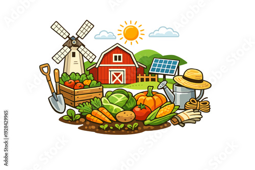 This vibrant vector illustration depicts a sustainable farm with a red barn, windmill, solar panel, and an abundance of harvested vegetables and gardening tools in the foreground.
