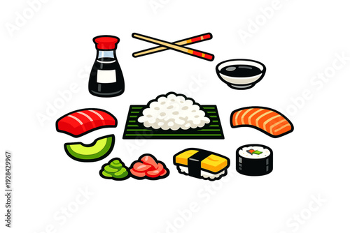 This illustration features various sushi components like salmon, tuna, rice, wasabi, and ginger, along with soy sauce and chopsticks, all set against a solid black background.