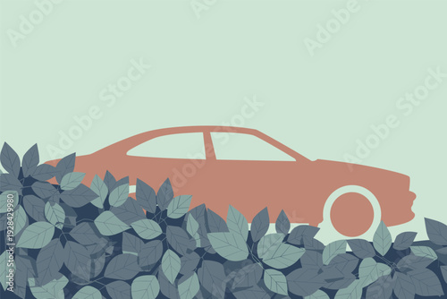 Modern car surrounded by lush greenery in a serene natural setting with copy space