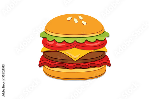 A stylized illustration of a layered hamburger featuring a sesame seed bun, lettuce, tomato, cheese, meat patty, and bacon, presented in a paper-cut art style on a black background.