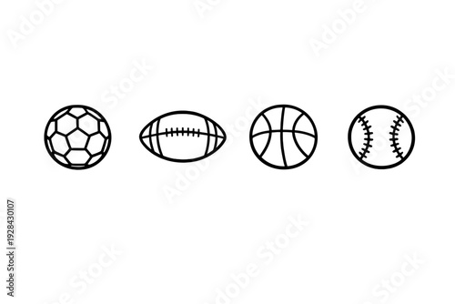 A horizontal row of four minimalist sports ball icons including a soccer ball, an American football, a basketball, and a baseball, presented in white line art on a black background.