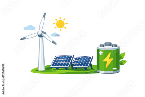 An illustration featuring a wind turbine, solar panels, and a green battery with a lightning bolt symbol, representing renewable energy sources under a bright sun and clouds.