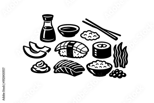 A minimalist black and white illustration featuring various types of sushi, including nigiri and maki, alongside a sake bottle, chopsticks, and a bowl of rice on a dark background.