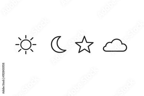 A set of four minimalist line icons representing celestial bodies and weather elements, including a sun, crescent moon, star, and cloud, displayed in a row on a black background.