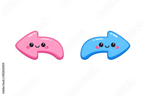 Two cute cartoon arrows with smiling faces and rosy cheeks are shown against a black background. One arrow is pink and points left, while the other is blue and points right.
