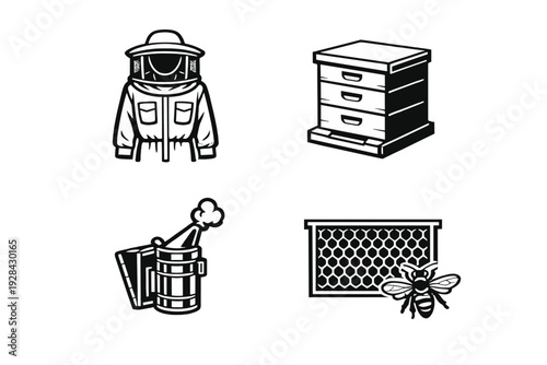 A collection of four black and white beekeeping icons featuring a protective suit, a wooden beehive, a smoker tool, and a honeycomb frame with a honeybee on a black background.