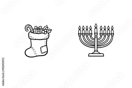 A black and white line art illustration featuring a Christmas stocking filled with gifts and a candy cane next to a Hanukkah menorah with nine lit candles on a black background.