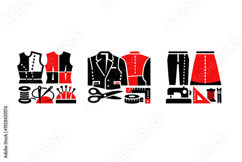 A collection of minimalist red and black icons representing tailoring tools and clothing patterns, including scissors, thread, sewing machines, and garment templates.