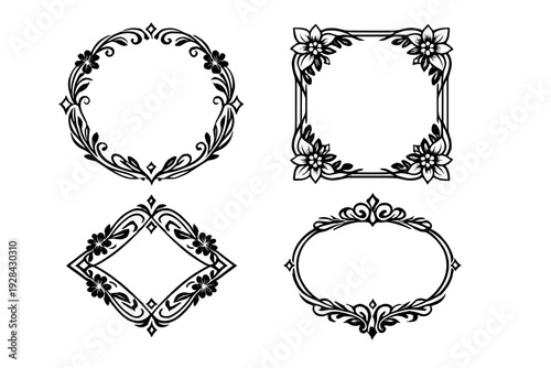 A collection of four white decorative frames on a black background, featuring circular, square, diamond, and oval shapes with intricate floral and filigree designs for borders.