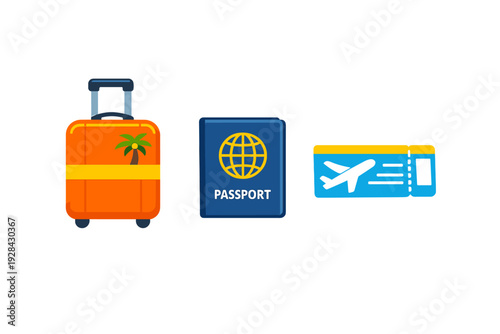 A flat vector illustration featuring an orange suitcase with a palm tree, a blue passport with a globe icon, and a blue airplane ticket, all isolated on a black background.