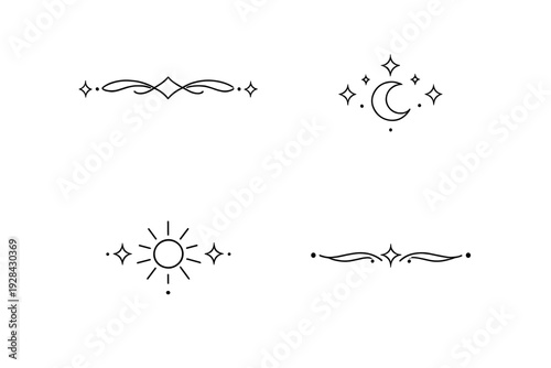 A collection of four white celestial line art icons on a black background, featuring a crescent moon, a sun with rays, and decorative horizontal dividers with stars and swirls.