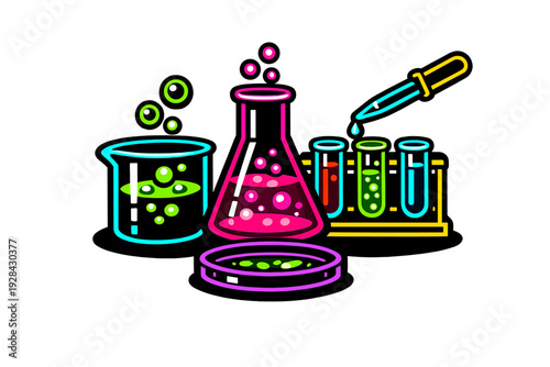 This colorful neon graphic features various chemistry tools like a beaker, conical flask, and test tubes with bubbling liquids, all set against a dark black background.