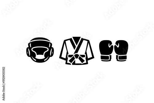 A set of three minimalist line art icons depicting combat sports equipment including a protective headgear, a martial arts uniform with a belt, and a pair of boxing gloves.