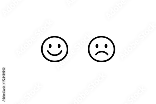 A minimalist illustration featuring a happy smiley face and a sad frowning face side by side on a solid black background. The icons represent positive and negative emotions or feedback.