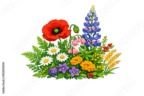 A vibrant digital illustration of a colorful wildflower bouquet featuring a red poppy, blue lupine, white daisies, and purple bellflowers set against a solid black background.