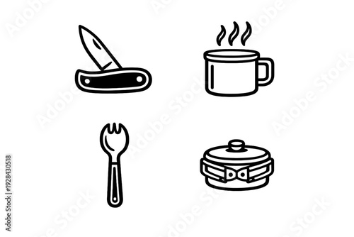 This set of white minimalist icons on a black background depicts essential camping gear such as a folding knife, a hot beverage mug, a spork, and a portable cooking pot.
