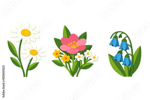 Three different types of stylized flowers including white daisies, a pink blossom with smaller yellow and white buds, and blue bellflowers are shown against a solid black background.