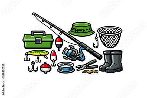 This vector illustration displays a variety of fishing gear such as a rod, reel, tackle box, boots, and lures. The colorful equipment is arranged on a plain black background.