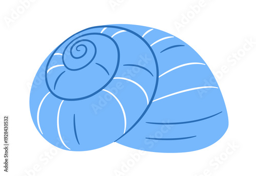 Round blue snail shell with spiral lines. Hand drawn trendy flat style isolated marine icon for nautical decor, beach themes, summer designs. Vector illustration