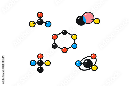 Five colorful abstract molecular structures are displayed against a solid black background. The diagrams feature various colored spheres connected by black lines in different patterns.