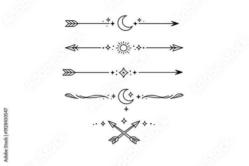 Set of five celestial dividers and mystical icons including arrows, crescent moons, and stars. Minimalist black and white line art illustrations for decorative and spiritual designs.