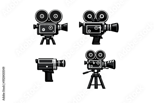 Four stylized illustrations of retro film cameras are displayed against a black background. The set features various models including handheld versions and cameras mounted on tripods.