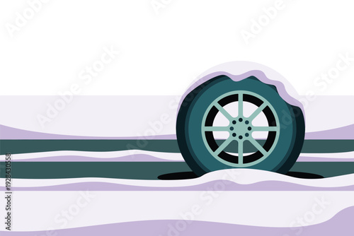 Snow covered tire on icy road in winter landscape with copy space