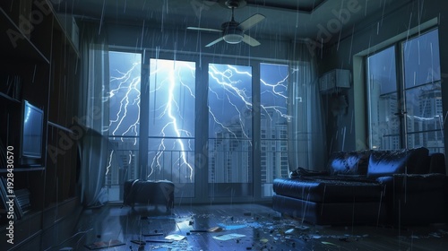 A dark living room during a thunderstorm. Rain pours through the windows, and lightning illuminates the space. A blue sofa sits in the center, surrounded by water on the floor.