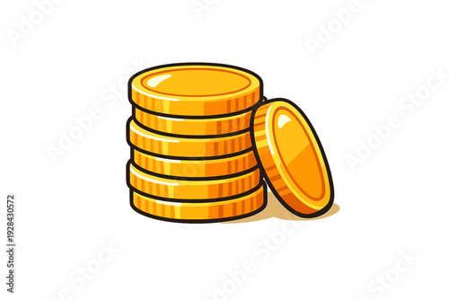 This cartoon illustration features a stack of six shiny gold coins with one additional coin leaning against the side, all set against a solid black background.