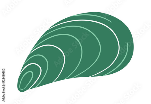 Green mussel shell. Hand drawn trendy flat style isolated. Marine icon for seafood menus, ocean themed branding, nautical designs. Vector illustration