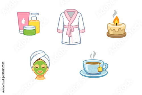 A collection of spa and self-care icons including skincare bottles, a white bathrobe, a lit candle, a person wearing a green face mask, and a cup of hot tea.