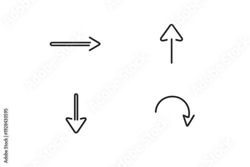 A collection of four minimalist black line art arrows pointing in different directions, including right, up, down, and a curved clockwise motion, set against a plain white background.