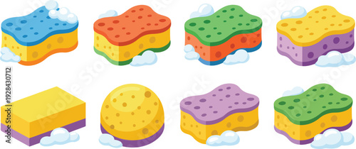 Yellow Kitchen Sponges with Soap Foam and Bubbles for Dish Plates Cutlery Cups Cleaning Vector Illustration Set