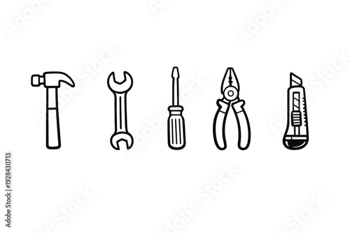 A black and white illustration featuring five common hand tools including a hammer, wrench, screwdriver, pliers, and a utility knife arranged in a horizontal row on a dark background.