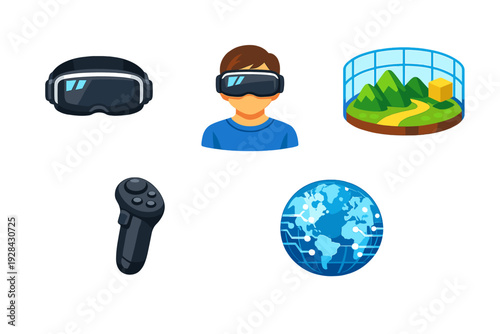 A collection of five virtual reality icons including a headset, a person wearing goggles, a digital landscape, a handheld controller, and a global network globe on a black background.