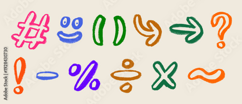 Cute Punctuations Marks And Symbols Crayon Chalk Drawing Doodle Vector Set