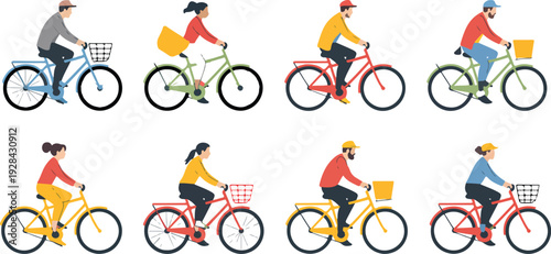 People Riding Bicycles and Bikes Vector Set with Men Women and Kids Cycling Urban City Sport and Healthy Lifestyle