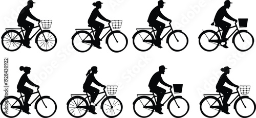 People Riding Bicycles and Bikes Vector Set with Men Women and Kids Cycling Urban City Sport and Healthy Lifestyle