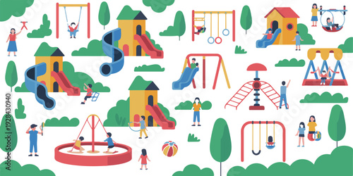 Children Playing in Town Playground Park with Parents Walking and Outdoor Activities Cartoon Flat Vector Scene
