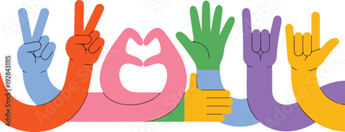 Long Cartoon Arms with Positive Hand Gestures Thumb Up Victory Heart and OK Signs Vector Set