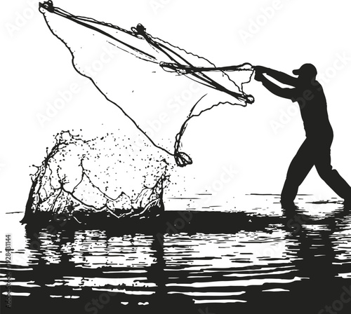 Fisherman casting a net into the water to catch fish