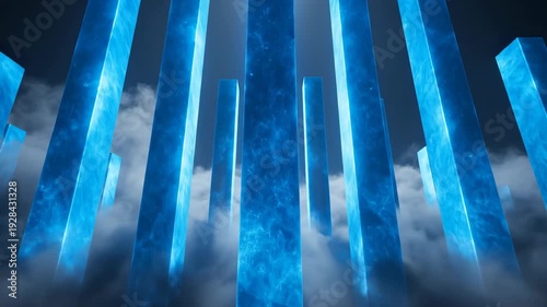 Abstract blue light flows across digital fiber optic lines creating a complex network design that resembles a flowing underwater wave pattern and modern communication data