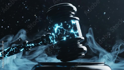 A futuristic cyborg woman plays a glowing guitar in deep dark space surrounded by brilliant starlight and abstract blue energy in this 3d illustration