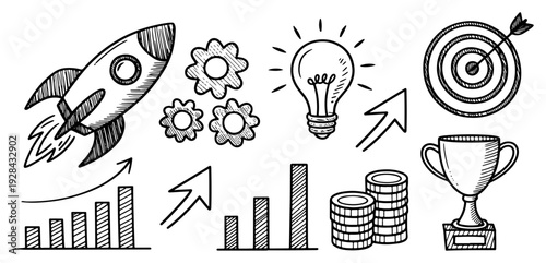 Business and startup doodle icon collection. Includes rocket, gears, lightbulb, target, bar charts, arrows, coin stacks, and trophy symbols. Created in hand-drawn black and white style.